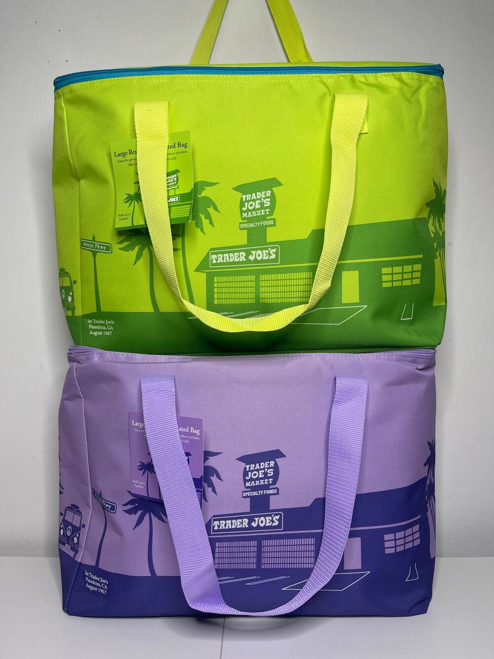 Set of 2 — Trader Joe’s Large Insulated Cooler Bags Lavender Purple + Lime Green